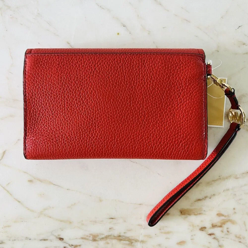 MICHAEL KORS Jet Set Charm Red Terracotta Leather Flap Phone Wallet Wristlet